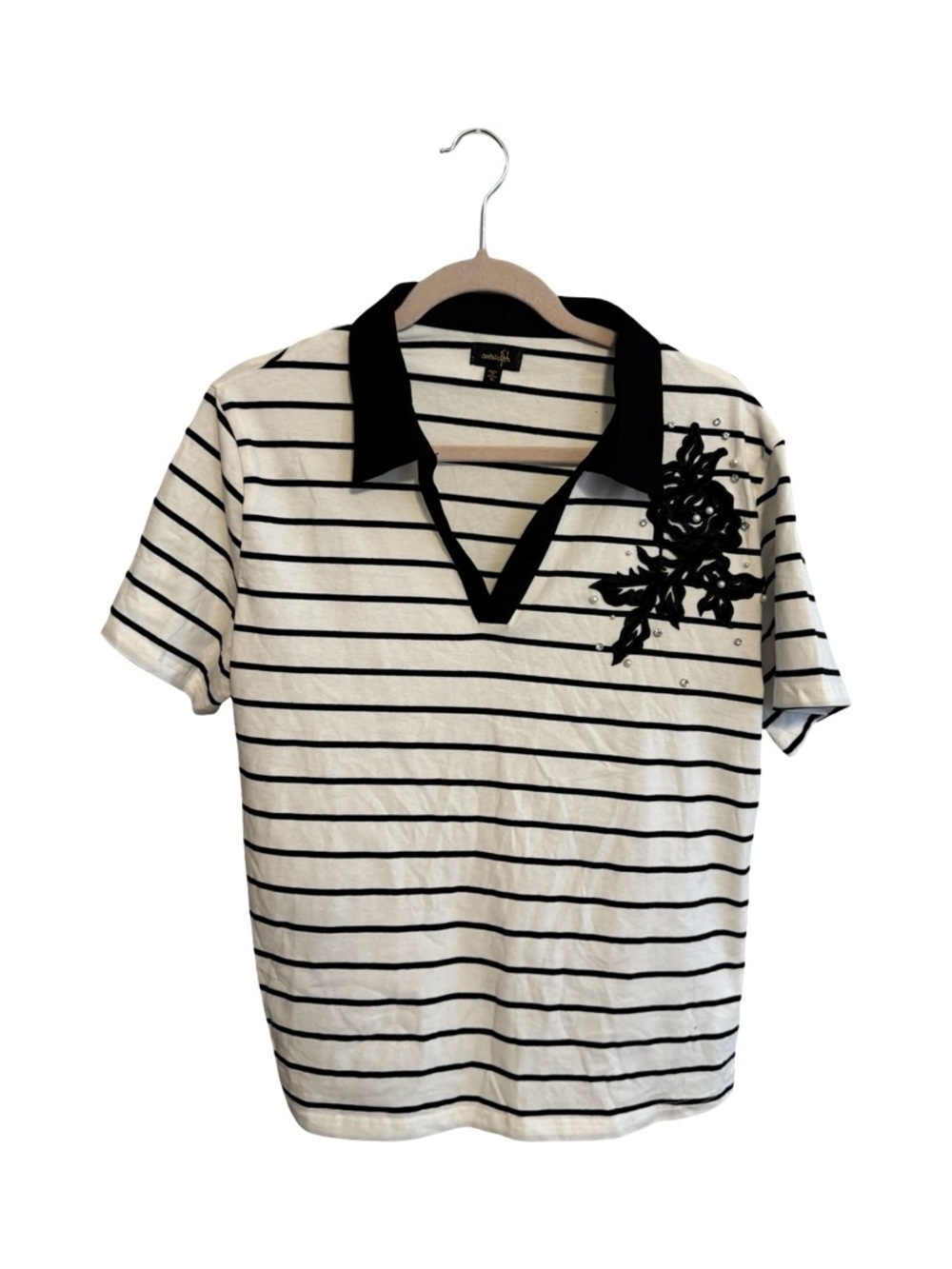 Ontwelth Black White Striped Rose Embellished V-Neck Top Women’s XL Y2K Style